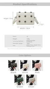 Detailed size specifications and color options for the studded quilted crossbody bag