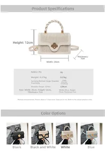 Detail view of woven texture square bag with gold petal buckle and size dimensions