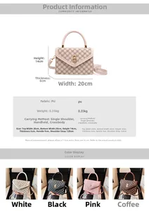 Detailed size chart and multi-color options for the stylish PU leather crossbody bag