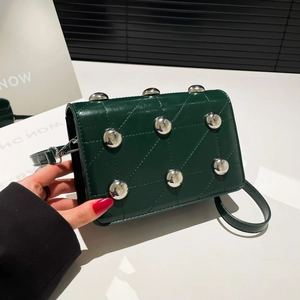 Quilted Crossbody Bag With Round Metal Studs PU Leather Small Square Shoulder Purse Punk Style For Women Daily Wear