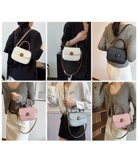 Collage of chic geometric embossed crossbody bags in white, black, pink, and light blue