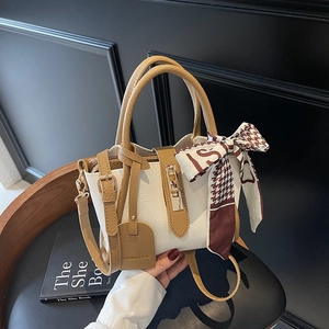 Borsa a Mano da Donna in Pelle PU con Trama Litchi con Foulard Decorativo a Contrasto Borsa a Secchiello a Tracolla