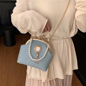Light blue shell bag with pearl chain, gold fringe, and vintage doctor style frame