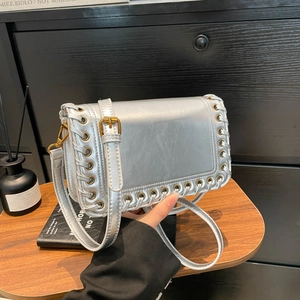 Fashion Woven Edge PU Leather Crossbody Bag Small Square Shoulder Purse With Eyelet Detail For Women