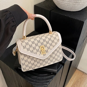 Women Fashion PU Leather Crossbody Bag M Letter Monogram Square Handbag With Golden Twist Lock Retro Shoulder Bag