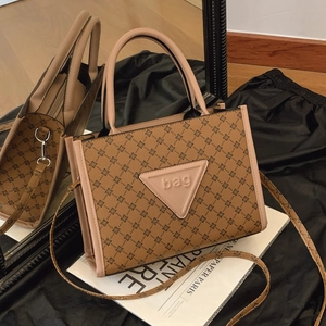 Women Tote Bag PU Leather Geometric Monogram Print Shoulder Crossbody Handbag Vintage Style For Daily Casual Use