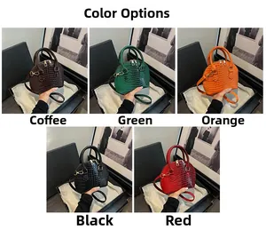 Color options of shell-shaped crocodile pattern handbag in coffee, green, orange, black and red