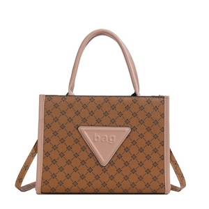 Brown printed tote bag for women with pink handles and adjustable shoulder strap