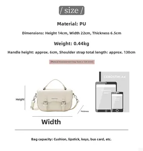 Detail of white PU saddle bag with 22x14x6.5cm dimensions and size comparison view
