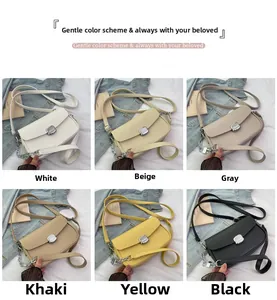 Detailed grid showing six stylish saddle bags in white beige grey khaki yellow and black