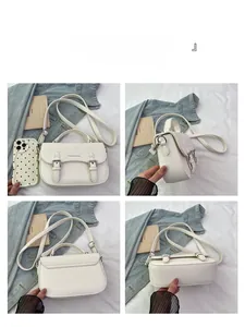 Four-angle view of white pebbled leather mini saddle bag with metal buckle detail