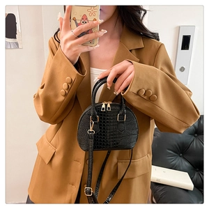Mini crocodile pattern shell bag with gold double zippers and adjustable shoulder strap