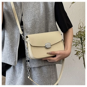 Detail of beige saddle bag showing lychee grain leather and silver metal buckle