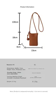 Spécifications détaillées de la mini sacoche en PU marron avec dimensions du sac et bandoulière