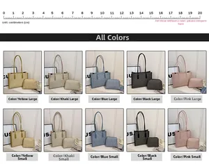 Detailed grid of woven tote bags in yellow, khaki, blue, black, and pink with small pouches