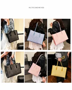 Collage of large woven tote bags in four colors showing shoulder and hand-carry styles