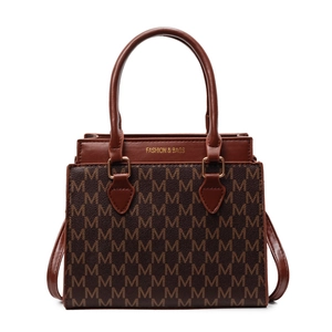 Chic brown monogram square crossbody bag with top handle and gold lettering for women