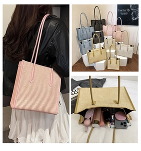 Detailed view showing large capacity and woven texture of multicolor tote bags