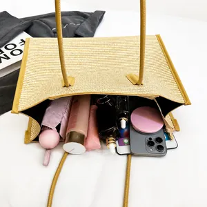 Top view of spacious woven tote bag showing internal storage for daily essentials