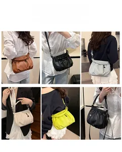 Collage of pleated shoulder bags in five colors showing various wearing styles