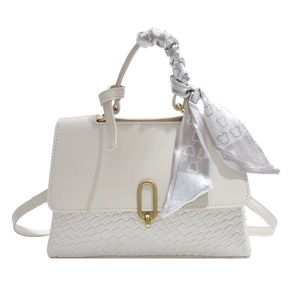 Retro cream woven handbag with gold oval lock and decorative bear pattern silk scarf