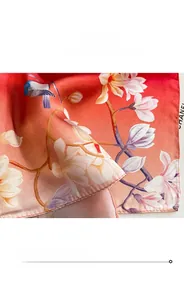 Detail of silk scarf showing floral print with fine stitching and smooth edges