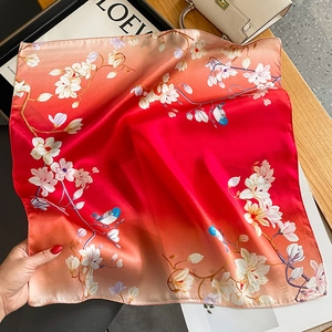 Artistic red gradient silk square scarf with white magnolia and blue bird print