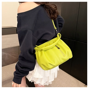 Litchi texture lime green crossbody bag with ruched design and shoulder strap