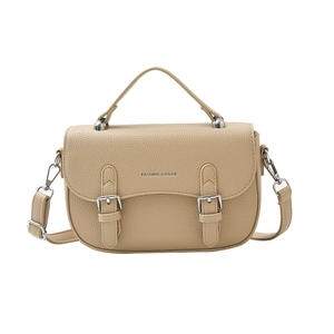 Beige lychee pattern leather saddle bag with top handle and adjustable shoulder strap
