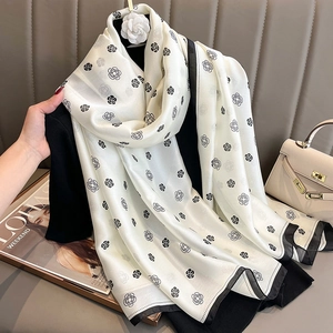 Camellia Flower Print Satin Like Shawl Scarf Sun Protection Beach Wrap Lightweight Fashion Neck Kerchief For Women