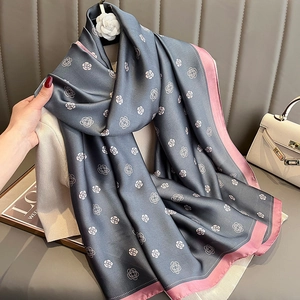 Elegant grey camellia print silk scarf with pink contrast edges for women