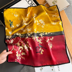 Floral silk square scarf featuring yellow and red contrast with bird and plum blossom prints