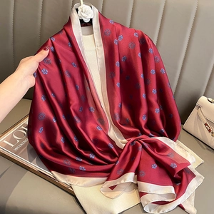 Burgundy silk-like floral scarf with cream border and elegant rose print for women