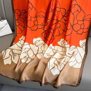Floral print silk satin scarf shawl with orange and beige abstract patterns for women