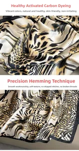 Detailed close-up showing leopard print fabric texture and precise hemmed edges of the scarf