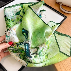 Artistic oil painting silk square scarf with green impressionist floral print for women