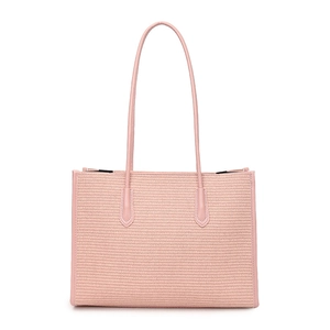 Pink woven straw tote bag with long leather shoulder straps for summer beach travel