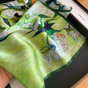 Artistic oil painting silk square scarf featuring Van Gogh green floral design for women