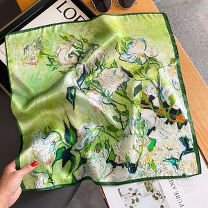 Elegant oil painting silk square scarf featuring impressionist green rose floral pattern