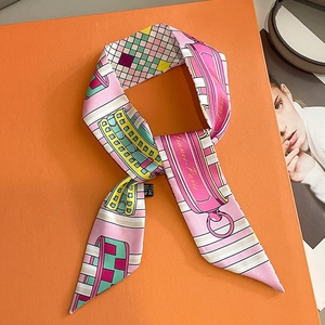 Twilly Scarf Long Skinny Necktie For Women French Style Geometric Print Polyester Twill Bag Handle Ribbon Hair Accessory