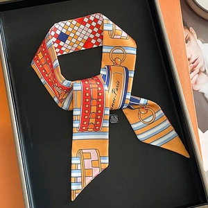 Elegant checkered long silk scarf with horse-bit pattern and orange gift packaging
