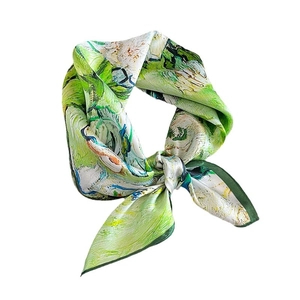 Artistic oil painting silk square scarf for women featuring vibrant nature-inspired patterns