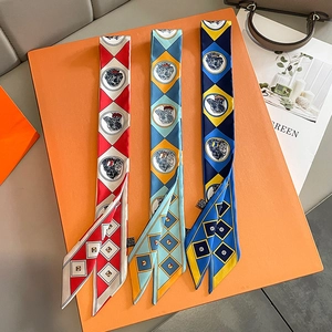 Fashion Skinny Scarf Twilly Twill Polyester Diamond Pattern Dog Animal Print Elegant Bag Wrap Hair Ribbon For Women