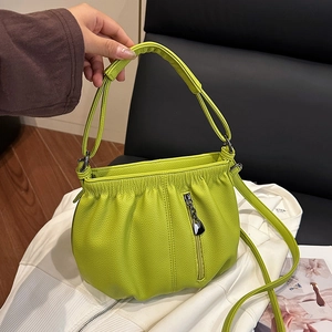 Women Retro Pleated PU Leather Handbag Fashion Lychee Texture Crossbody Bag Multi-Layer Shoulder Bucket Bag Daily Travel Bag