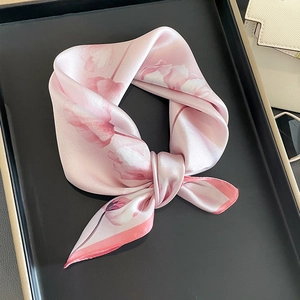 Femme Foulard Carré En Satin De Mûrier Imprimé Tulipes Satin Carré De Cou Élégant Bandeau Cheveux