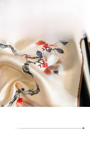 Close-up of silk scarf with floral print and fine stitching on the edges