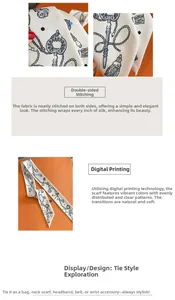Detail of double-sided stitched narrow silk scarf with vintage key and rope digital print