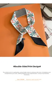 Detail of 5x85CM twilly scarf showing floral pattern and striped twill texture