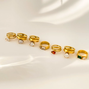 Geometric Zirconia Ring Titanium Steel Double Layer Hollow Spiral Water Drop Emerald Green Elegant Jewelry For Women