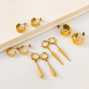 Minimalist 18K gold plated C-shaped hoop and teardrop dangle earring set for women